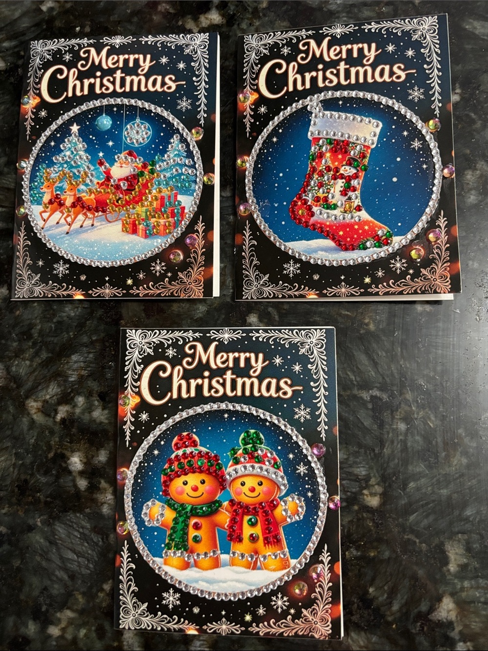 Set of 3 Mini Merry Christmas Holiday Card w/ Sparkly Rhinestones
